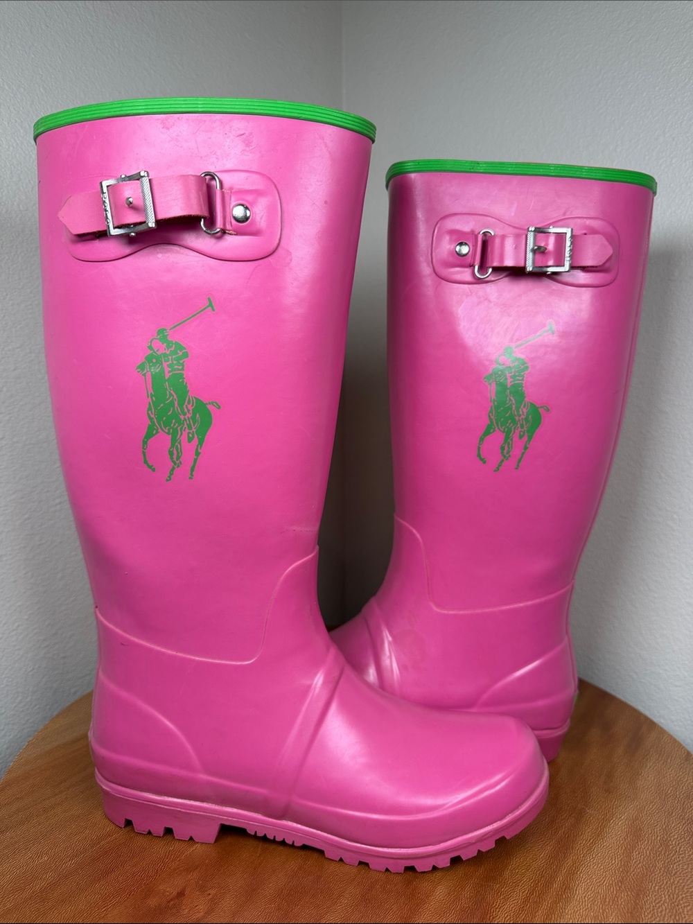 Ralph Lauren Bright Pink & Green Rubber Rain Boots Preppy Galoshes Ladies Size 6